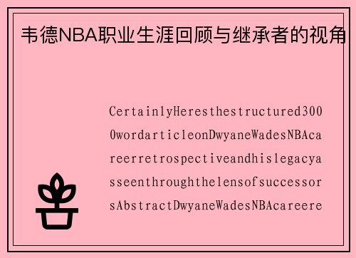 韦德NBA职业生涯回顾与继承者的视角