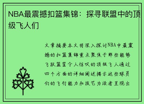 NBA最震撼扣篮集锦：探寻联盟中的顶级飞人们